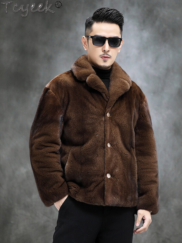 Tcyeek-Casaco de pele de vison quente para homens, casaco de café, curto, solto, casacos naturais, inverno, luxo, 2023