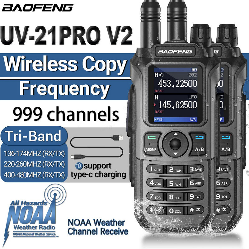 2PCS Baofeng UV-21 Pro Walkie Talkie Tri-Band Wireless Copy Frequency Long Range 999CH High Power UV 5R Ham Radio bidirezionale