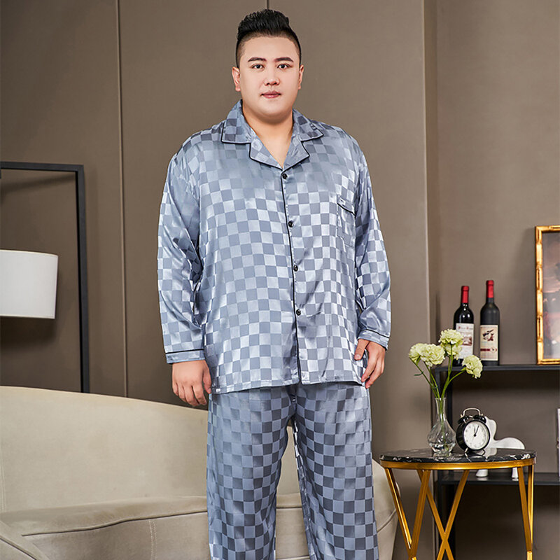 5XL ชุดนอนผู้ชายไซส์ใหญ่165กก. ชุดนอนผ้าซาตินเย็นผ้าไอซ์ซิลค์ลำลองทรงหลวมหรูหราพิมพ์ลาย