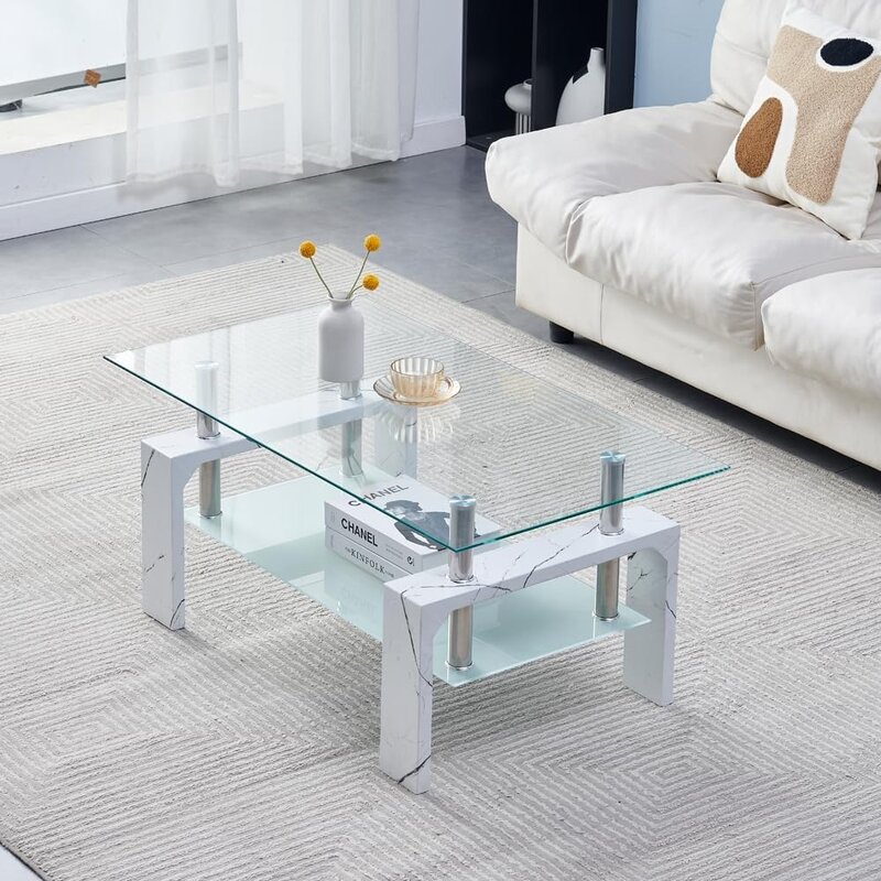 Mesa de centro retangular, mesa adequada para sala de estar, mesa lateral moderna com perna de madeira, vidro