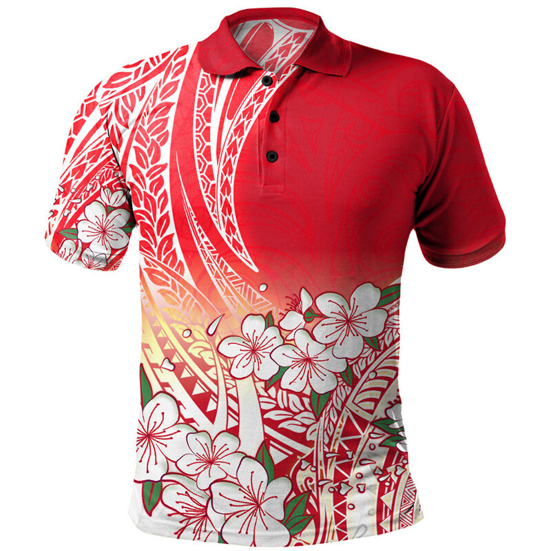 Polynesian Pattern Polo Shirt Men 3D Print Hibiscus Plumeria Flowers Short Sleeves T-shirt Button Loose Hawaiian Lapel T Shirts