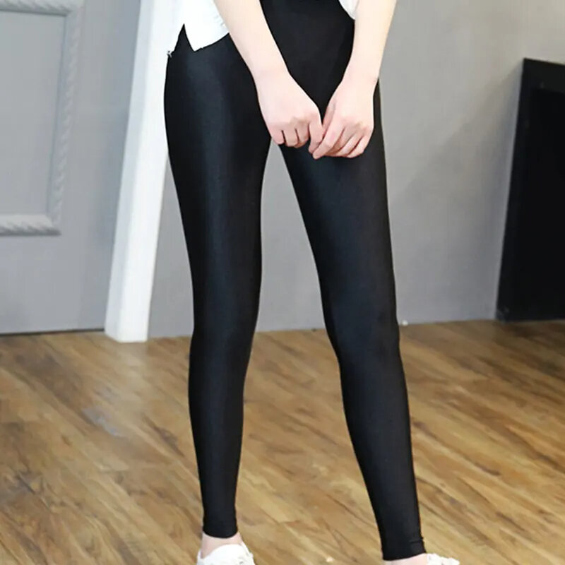Leggings elásticas de cintura alta feminina, calças elásticas macias, plus size, brilhante, preta, push up, fina