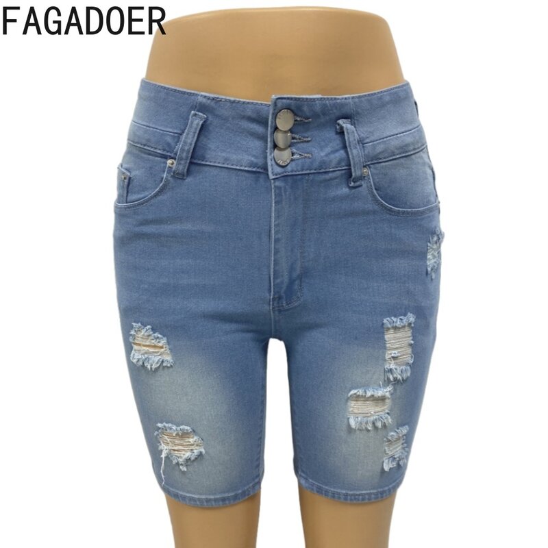 FAGADOER Fashion Hole Elasticity Denim Shorts Women High Waist Button Pocket Skinny Jean Shorts Summer New Female Cowboy Bottoms