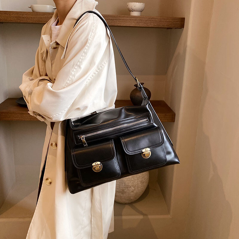 Retro PU Leather Women's Bags Fashion Trend Versatile Shoulder Bag Multi-pocket Large-capacity Tote Bags Senior Crossbody Bag