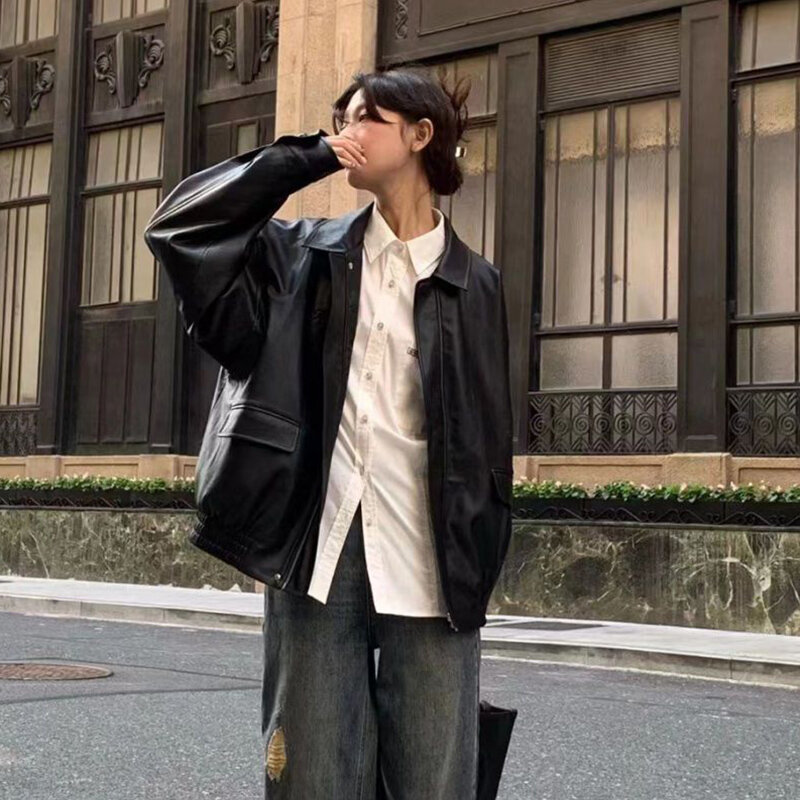 Gidyq-Jaqueta folgado de couro sintético feminina, zíper de rua alta, casacos de botão, bolso solto, casacos casuais de manga longa, preto