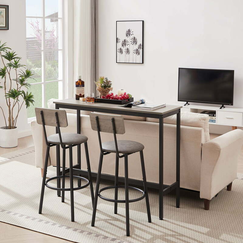 3-Piece Bar Table Set, Pub Dining Table & PU Upholstered Stools with Backrest for Kitchen Small Space, Gray