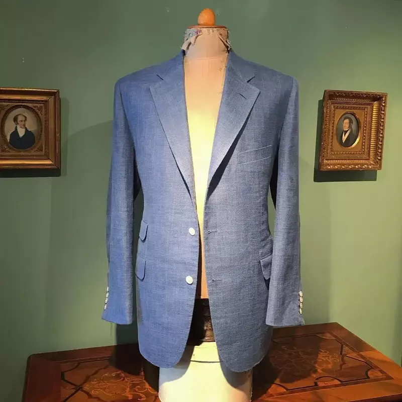Traje informal de lino para Hombre, chaqueta ajustada con botonadura Simple, traje personalizado de alta calidad, color azul, moda de verano, 2024