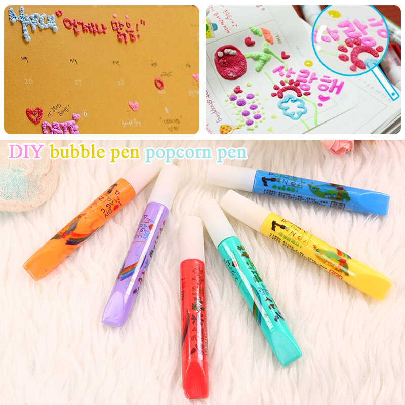 6Pcs Magic Popcorn Pens Puffy 3D Art Safe Pen for Greeting Birthday Cards Kids Children 3D Art Pens Kids Gifts School Stationery