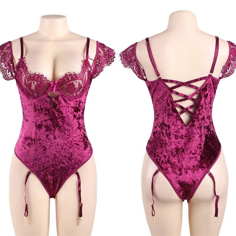 Ohyeahlady Off spalla pizzo velluto Teddy body Outfit donna oversize aderente Crotchless Lingerie giarrettiera tuta intimo