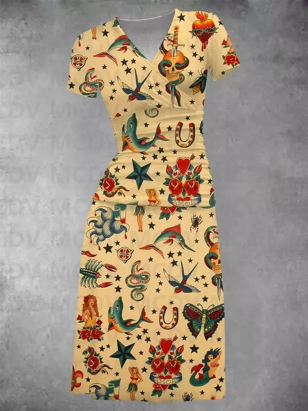 Damska sukienka midi z nadrukiem żaby, z nadrukiem 3D, seksowna sukienka z dekoltem w szpic, sukienki damskie