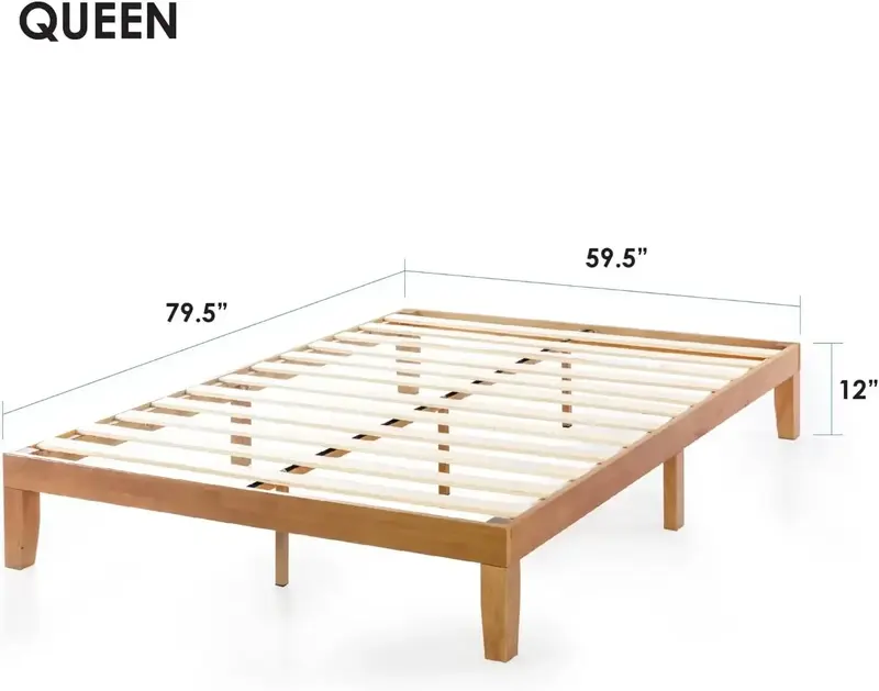 Marco de cama de plataforma de madera maciza clásica, tamaño Queen, 12 ", con listones de madera (No necesita resorte de caja), Natural