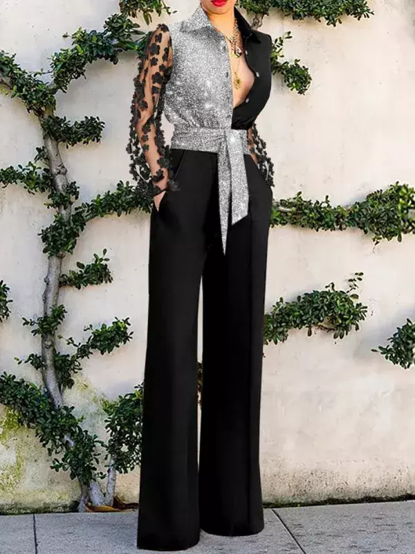 Новинка весна-лето 2024 женская одежда пикантные кружевные прозрачные сплошные брюки с длинным рукавом