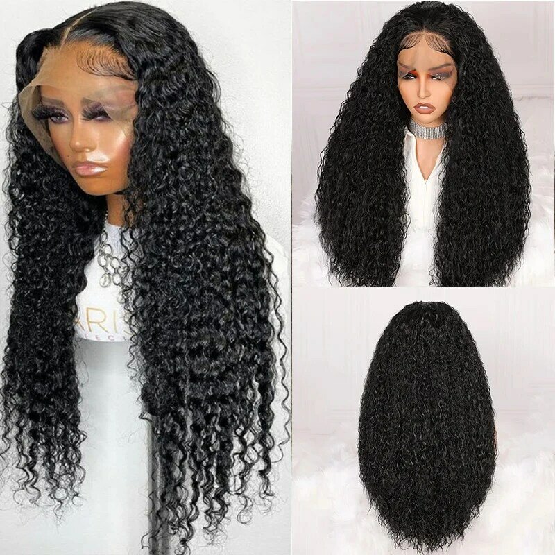 Мягкий длинный кудрявый передний парик плотностью 26 дюймов 180 для черных женщин, волосы для малышей, черный, без клея, предварительно выщипанный, термостойкий, ежедневный парик