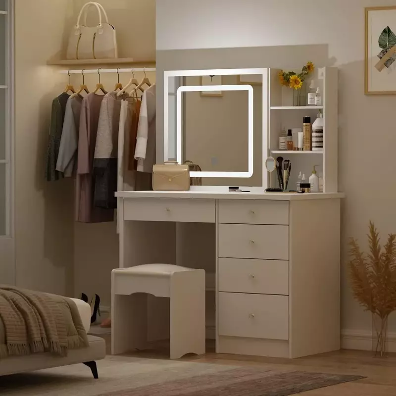 Dresser Set com luz deslizante espelho, prateleira ajustável e fezes, 3 cores LED