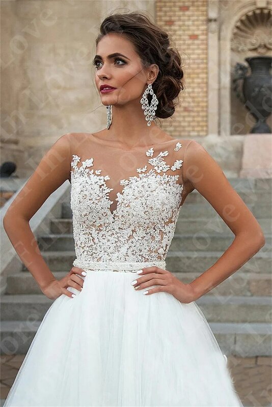 A-Line Vintage Wedding Dress Lace Appliqued Beaded Vestidos para mujer Sexy Scoop Neck Sleeveless Court Train Boho Bridal Gowns