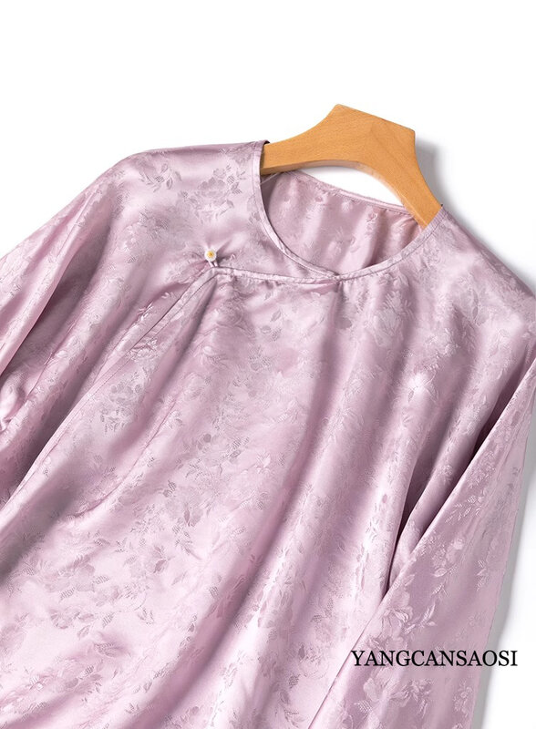 2024 천연 뽕나무 실크 자카드 새틴 라글란 소매 셔츠, 클래식 중국 100%, 신상 여성 패션