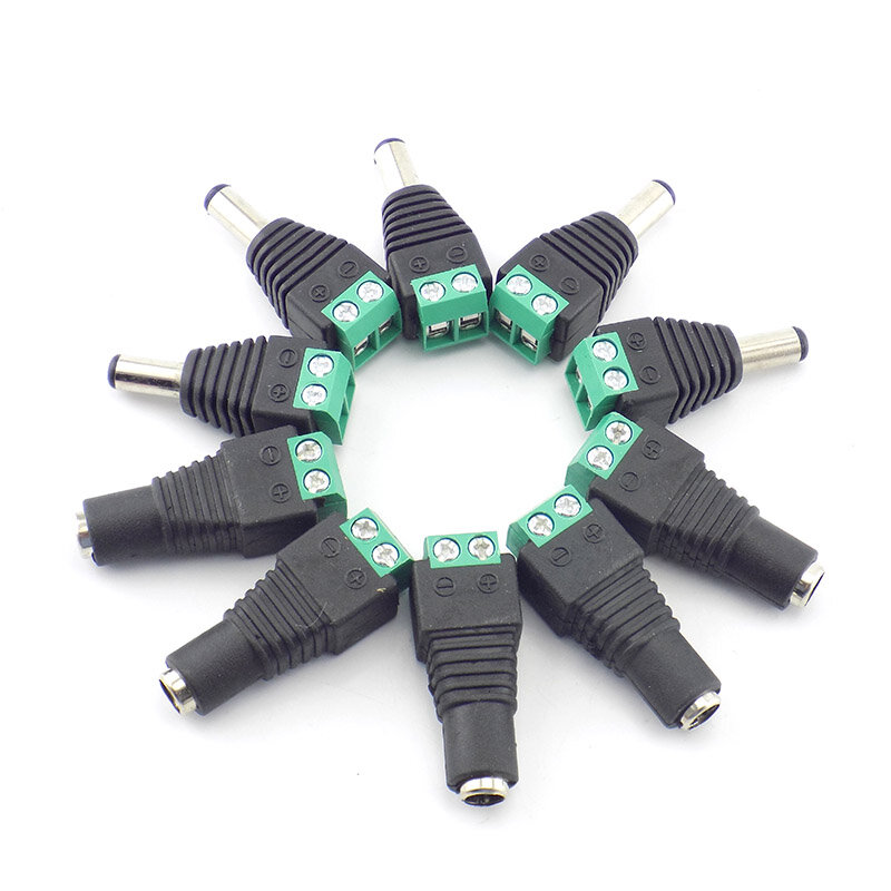 DC Power Plug Adapter para Câmeras CCTV, Single Color LED Lamp Strip, Feminino e Masculino Strip, 5,5 milímetros x 2,1 milímetros, 5PCs, A7