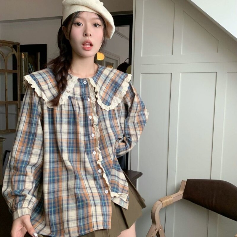 Baju Wanita renda manis Retro Musim Semi dan Gugur 2023, baju wanita kerah boneka Korea longgar baru