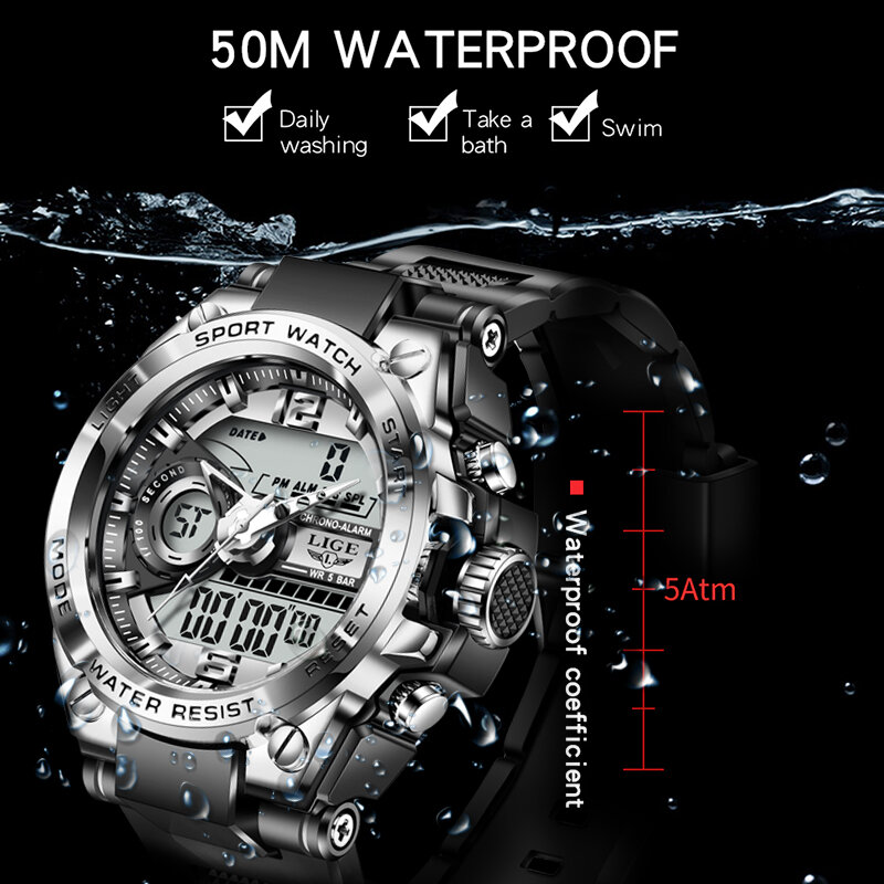 LIGE-Relógio de pulso impermeável LED Dual Display masculino, relógios do exército, relógio militar, esportes, marca superior, moda de luxo, ao ar livre