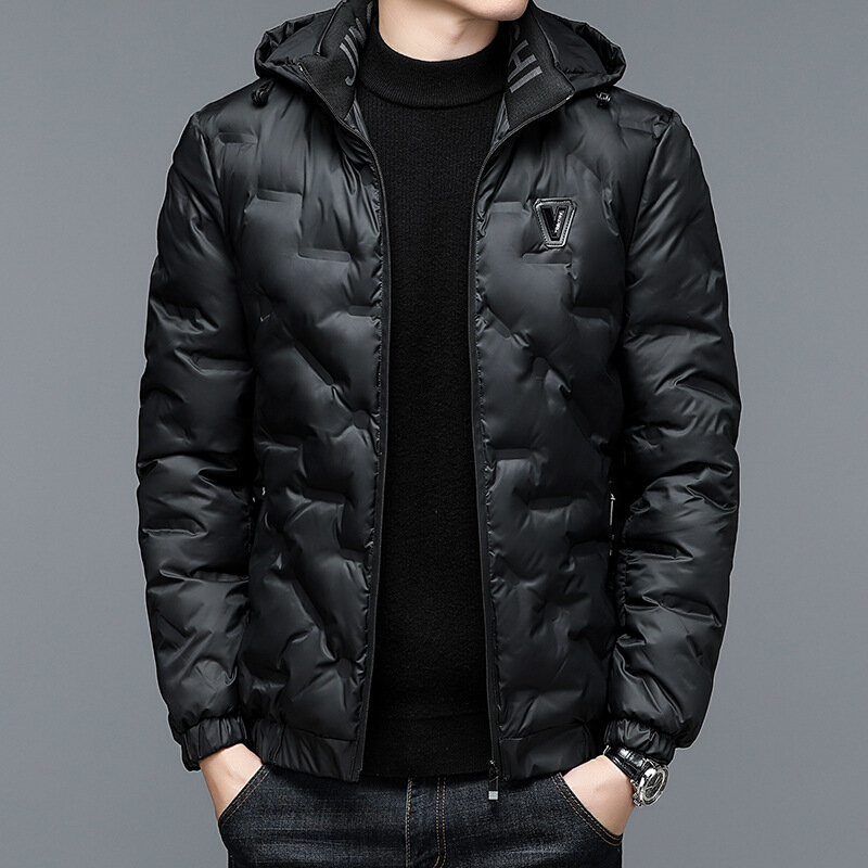 Męski modny ciepły płaszcz zimowy z zagęszczonym wzorem swobodny stylowy stójka lekka cienka koreańska wersja krótka długość