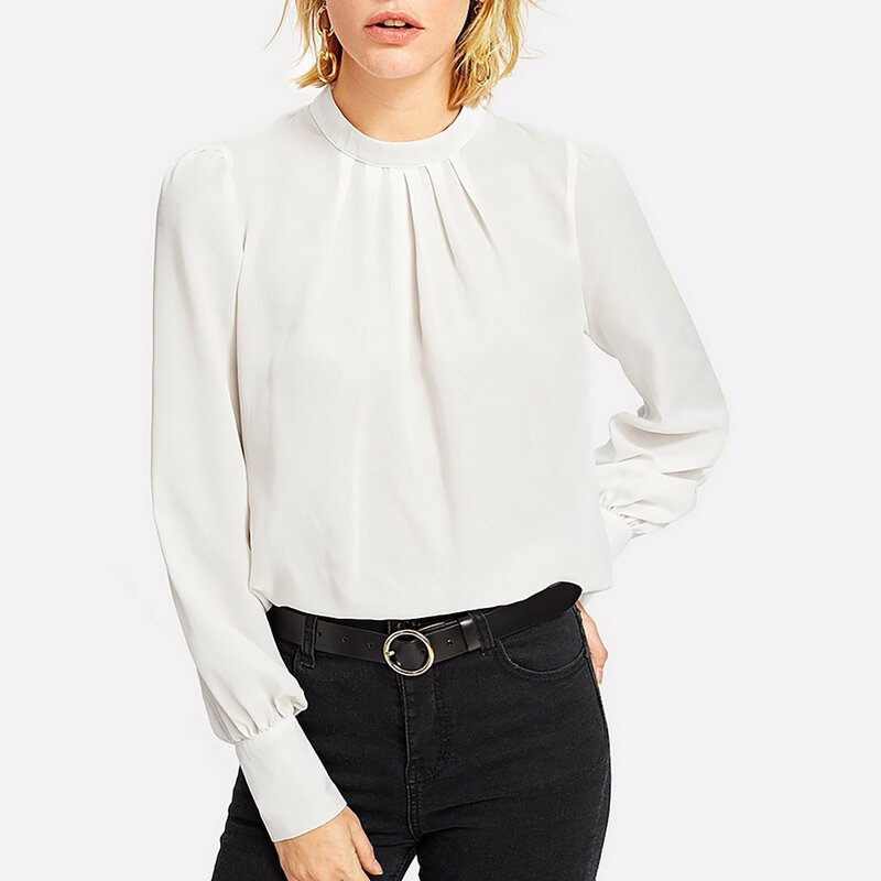 Blusa de manga larga plisada para mujer, camisa informal de cuello redondo, Color sólido, estilo Retro