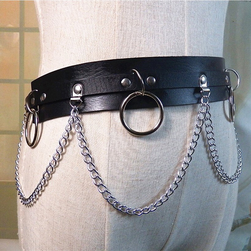 Punk Gothic Faux Leather Belt Metal Chain Ring Waist Strap Street Dance Decor Men Women Waist Belt Clothing Accessories