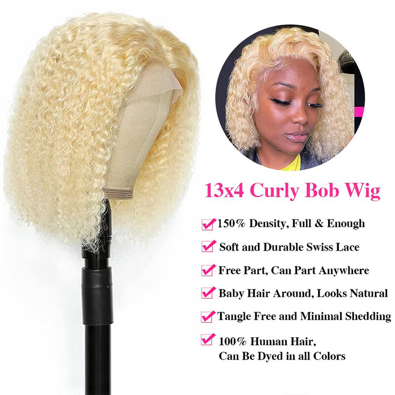 Peruka blond Bob ludzkie włosy 13x4 koronkowa peruka na przód ludzkie włosy krótkie kręcone Bob peruki dla czarnej kobiety ludzkie włosy peruki typu Lace Front