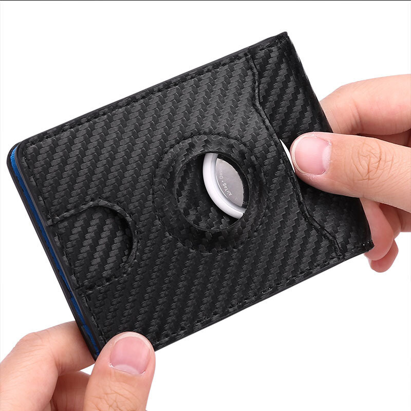 Customized Name Logo Card Holder Retro Carbon Fiber Leather Men Gift Wallet RFID Apple Airtags Card Case Purse Money Clip Wallet