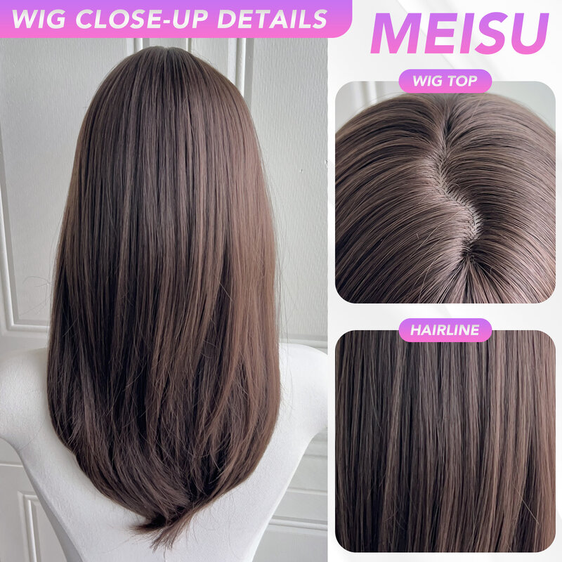 MEISU-peruca franja reta para mulheres, peruca de fibra sintética, resistente ao calor, sem brilho, peruca macia natural, cosplay, 16"