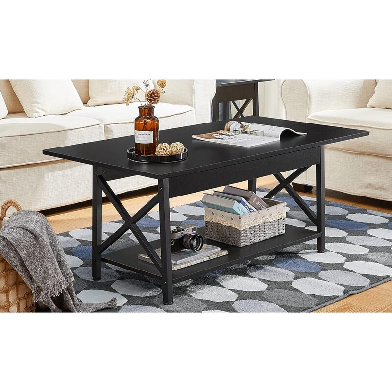 GreenForest Coffee Table Large 43.3 x 23.6 inch with Storage Shelf for Living Room, Easy Assembly, Black
