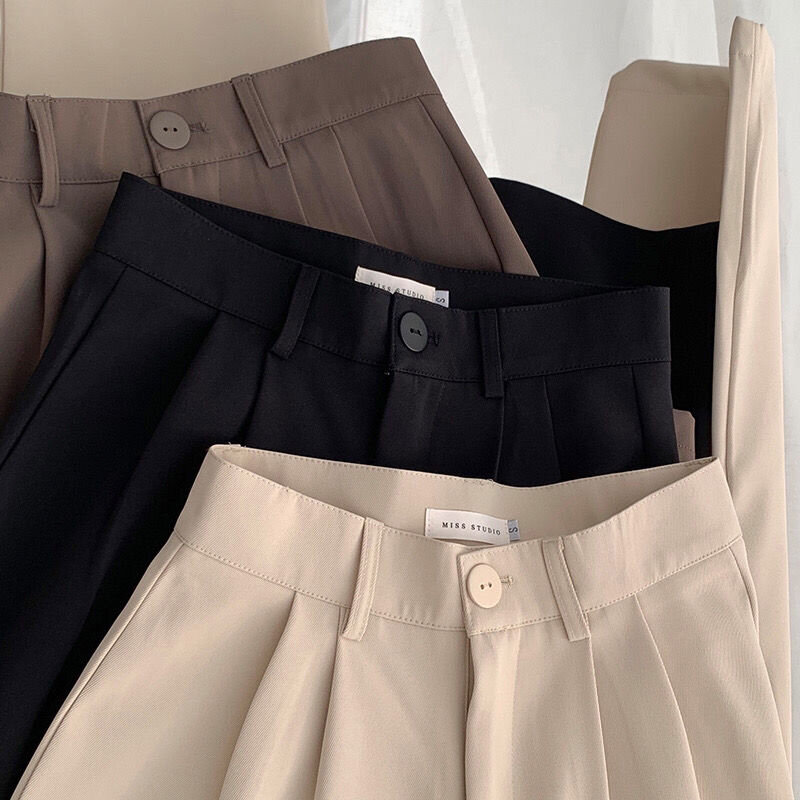Женские Костюмные брюки с высокой талией, Осенние прямые офисные модные брюки в Корейском стиле, повседневные свободные женские черные брюки на пуговицах, новинка