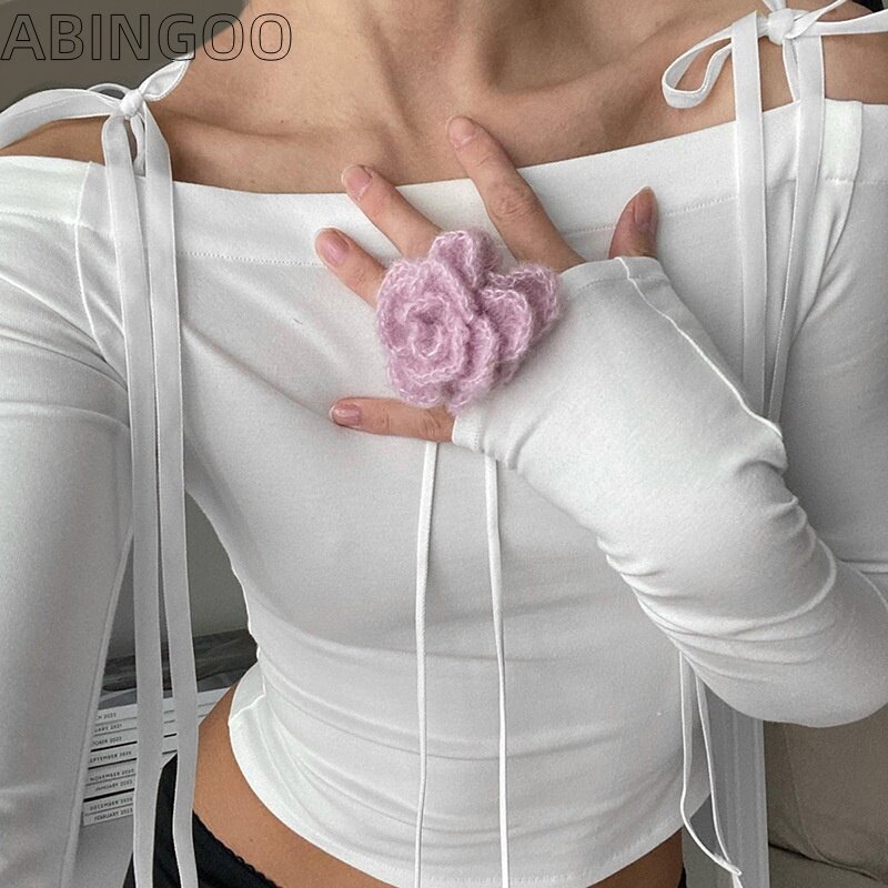Apingoo w stylu czystego pożądania sznurowana muszka z długim rękawem z tyłu seksowna koszulka damska biała Y2K obcisła koszulka z długim rękawem
