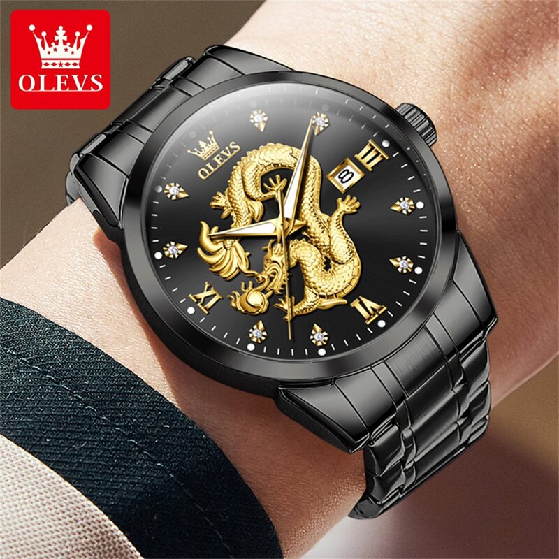 OLEVS marki 3D smok zegarek człowiek ze stali nierdzewnej wodoodporny świecący Auto data zegar na rękę luksusowe oryginalne zegarki kwarcowe dla mężczyzn