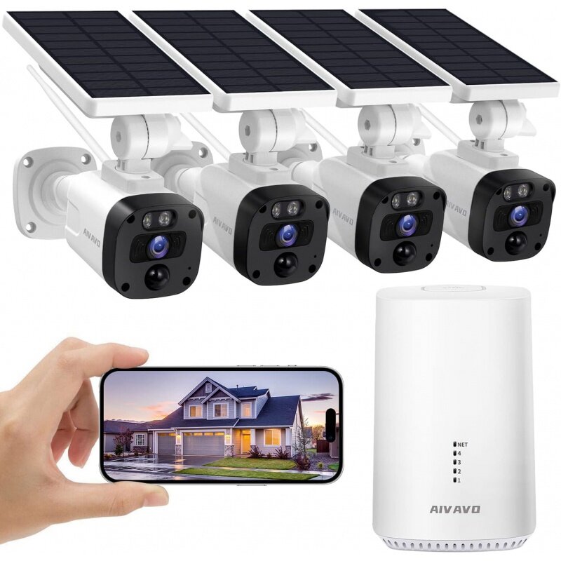 Solar wireless security camera system outdoor, 4-Cam kit home security system with 2K resolution, 365-day battery life, night VI