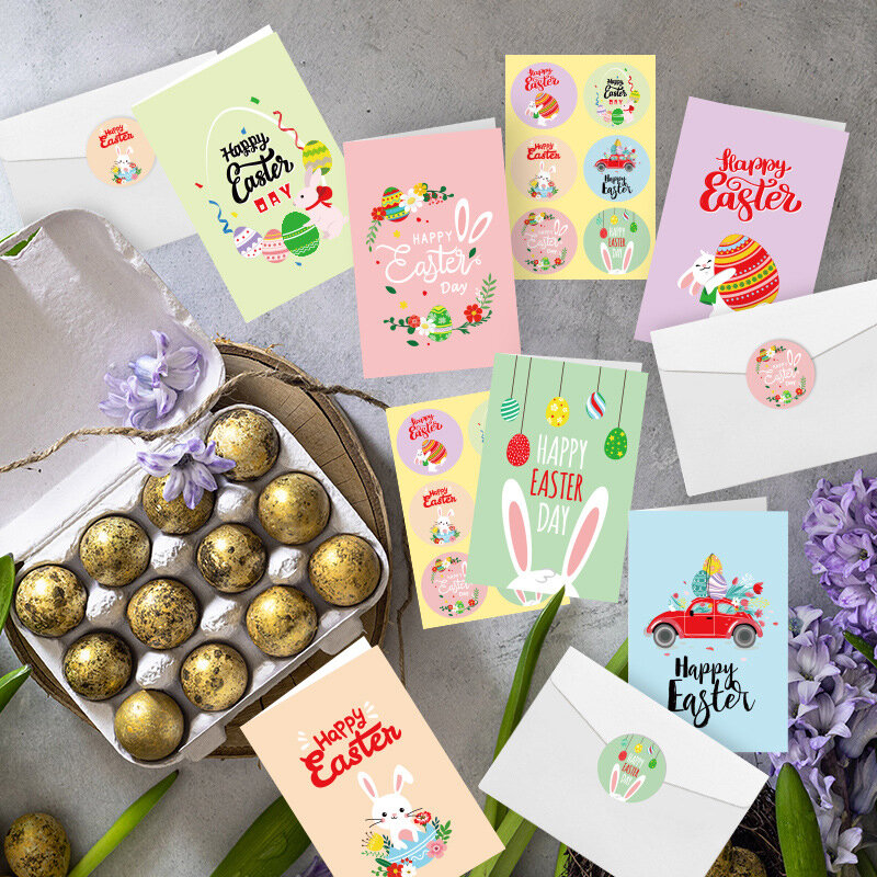 Cartes et enveloppes de Joyeuses Pâques, autocollants de dessin animé, lapin, fournitures de fête de Pâques, carte de remerciement, cartes postales de voeux, ensemble de 6 pièces