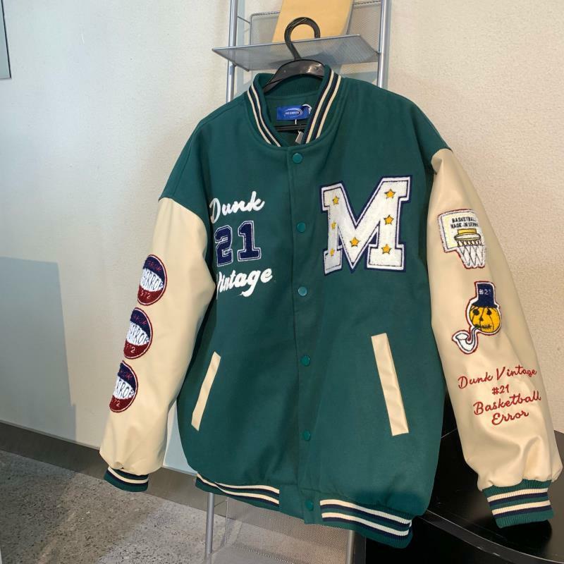 아메리칸 레트로 두꺼운 야구 유니폼 코튼 재킷, 봄 및 가을 재킷, 자수 힙합 루즈 코튼 재킷