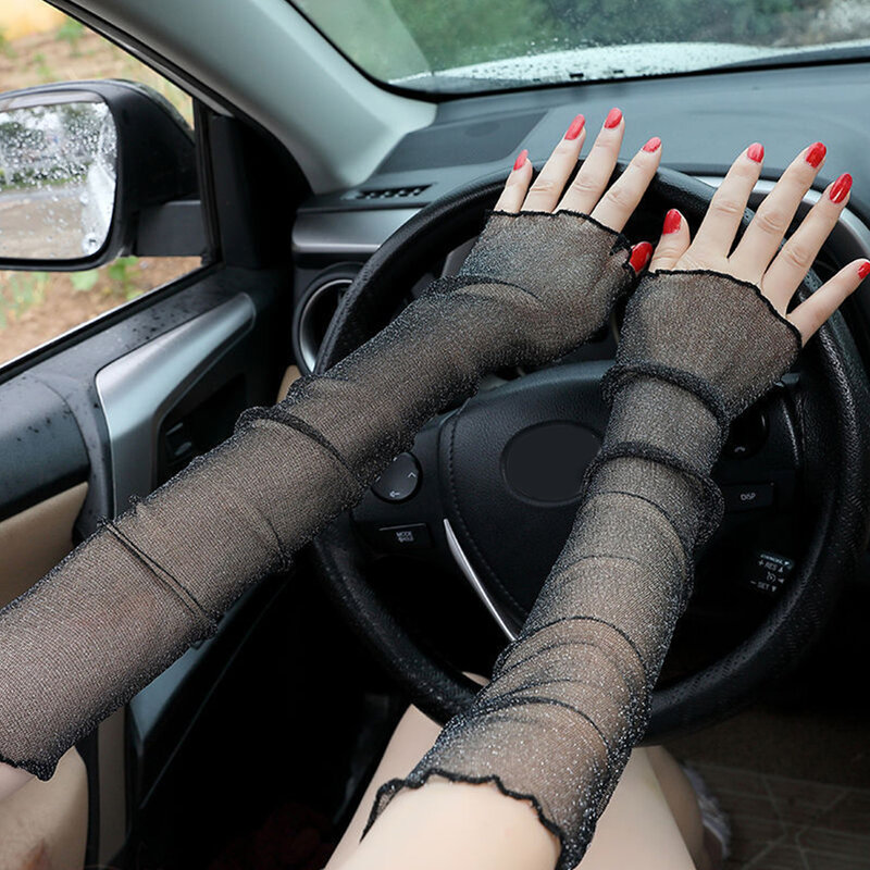 Перчатки женские кружевные из прозрачной марлевой ткани, ультратонкие солнцезащитные длинные митенки без пальцев для вождения и верховой езды, на лето