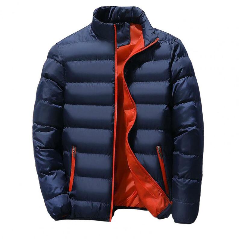 Men Winter Coat Padded Thick Solid Color Zipper Closure Stand Collar Long Sleeve Windproof Soft Warm Cold Resistant Men Jacket