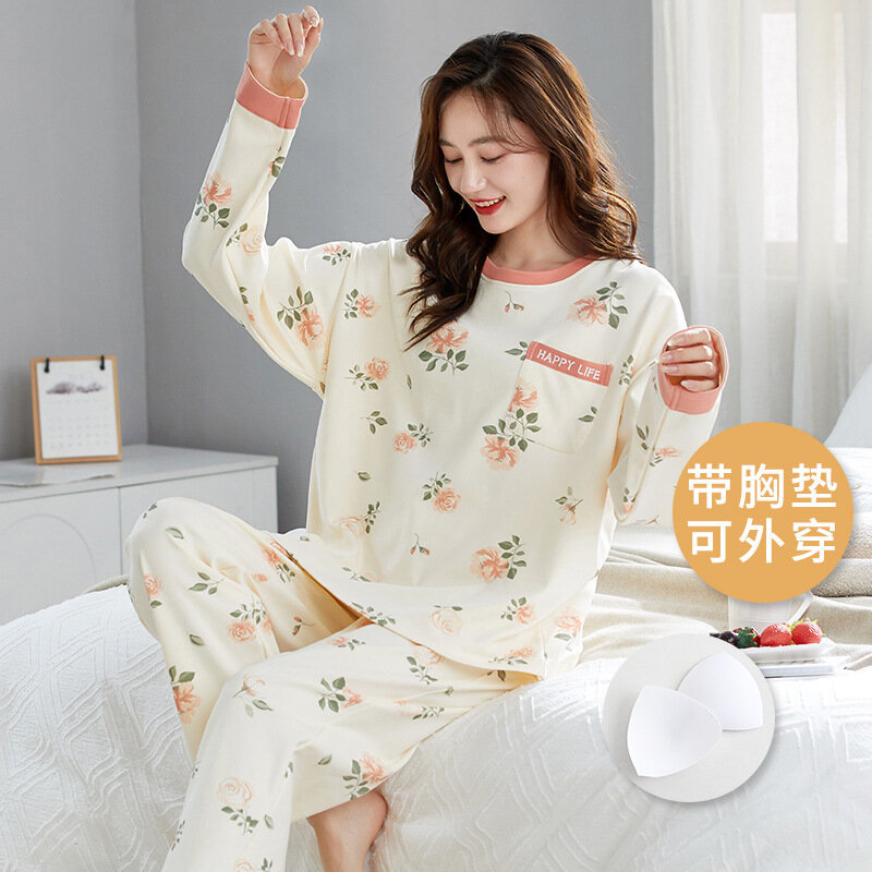 Zestaw dwuczęściowy damski bawełniana piżama zestaw wiosenny do spania z biustonochami wyściełanymi długimi pantami odzież domowa młodzieżowa piżama
