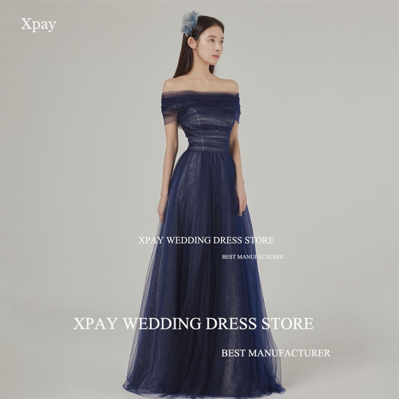 XPAY gaun malam Glitter biru dongker dari bahu foto pernikahan jepret kembali ke atas gaun Prom punggung terbuka panjang selantai