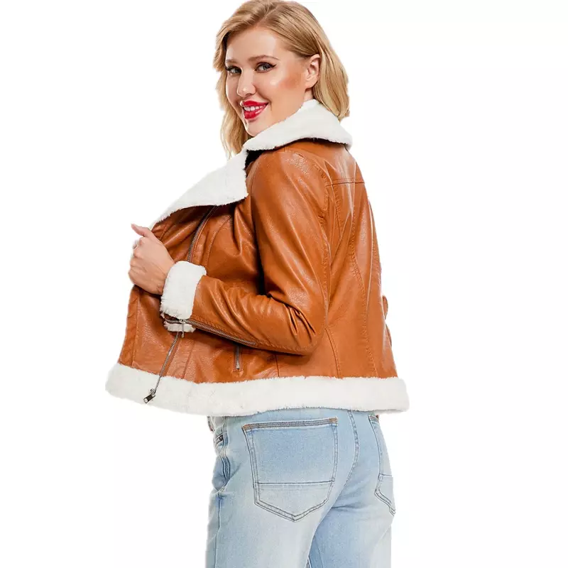 Jaket kulit PU untuk wanita Slim Fit musim dingin mantel kulit imitasi berlapis bulu tebal hangat jaket pengendara sepeda motor Mujer XS-XXXL
