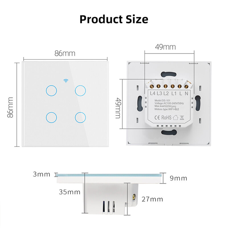 WiFi Smart Switch EU Light Wall Touch Switch 220V Need Neutral Wire Tuya Smart Life Work with Alexa Google Home 1/2/3/4 Gang