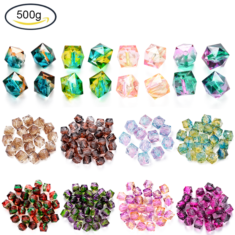 500g 8mm 10mm Acrylic Beads Two Tone Transparent Spray Painted Loose Beads Polygon Beads for Jewelry Making DIY Handmade Bag