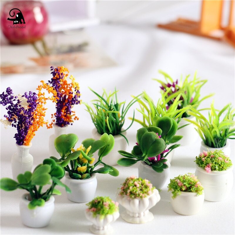 1:12 Dollhouse Miniature Garden Mini Tree Potted Simulation Green Plant With Pot Doll House Home Decor Potted Plants