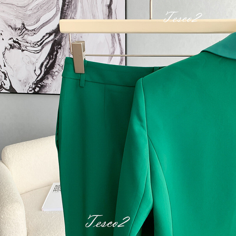 Tesco modna zielony damski garnitur patchworkowy kołnierzyk marynarka i spodnie Flare biurowe smukłe spodnie casualowe damskie stroje 2-częściowe