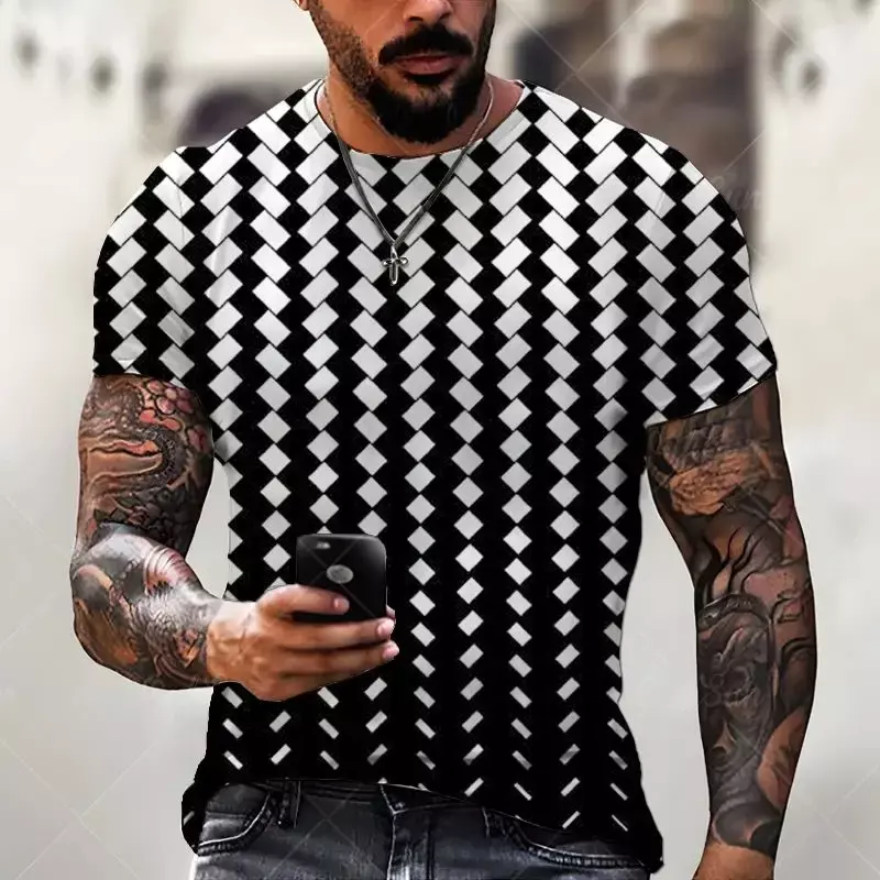 Футболка мужская с коротким рукавом, свободная рубашка в клетку и в полоску, с 3D-принтом, в стиле ретро, с круглым вырезом, уличная мода, лето