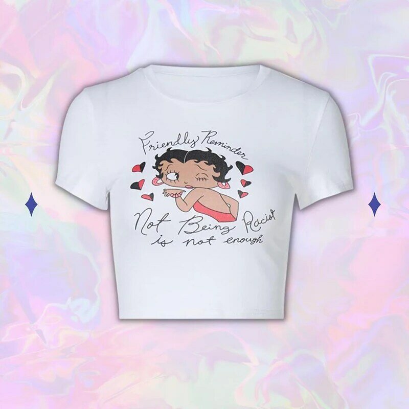 Y2K Atasan Kaus Gambar Anak Perempuan Kartun Kaus Grafis Kawaii Wanita Kaus Wanita Lengan Pendek Kasual Kaus Harajuku Leher-o