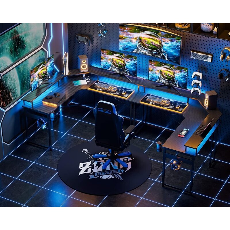 ODK meja Gaming bentuk L, dengan lampu LED & outlet daya, meja komputer 51 "dengan dudukan Monitor penuh, meja sudut dengan cangkir