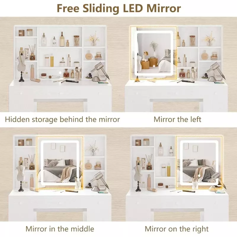 Penteadeira Set com LED Iluminado Espelho e Tomada de Energia, 7 gavetas de vestir, Storage Table, adequado para o quarto, branco
