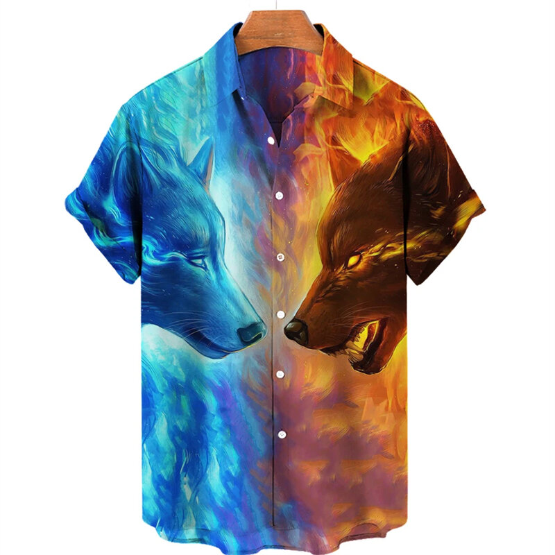 Lonely Animal Wolf Graphic Shirts For Men Clothes Fashion Punk Shirts & Blouses Casual Mens Short Sleeve Streetwear Lapel Blouse
